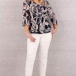 Bluzka damska z żabotem granatowo-beżowa