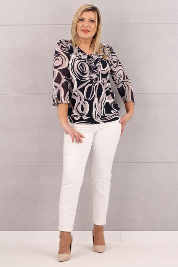 Bluzka damska z żabotem granatowo-beżowa