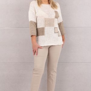 Elegancka lniana bluzka sweterkowa biało-beżowa