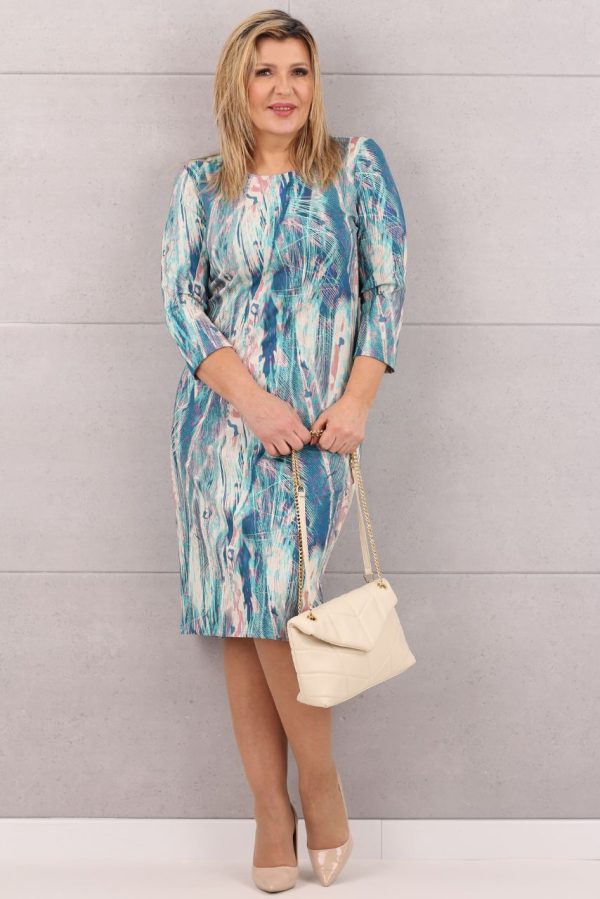 Sukienka elegancka do pracy niebieska we wzory 