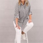 Bawełniana koszula damska w paski biało-szara