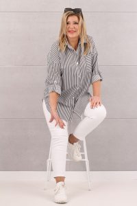 Bawełniana koszula damska w paski biało-szara