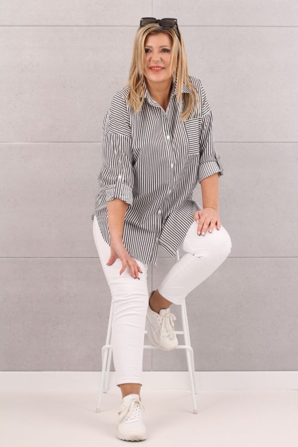 Bawełniana koszula damska w paski biało-szara