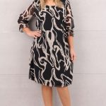 Szyfonowa sukienka z rękawem 3/4 czarno-beżowa