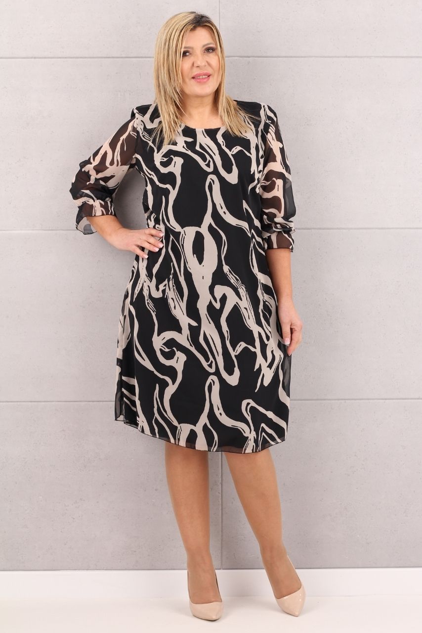 Szyfonowa sukienka z rękawem 3/4 czarno-beżowa