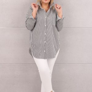 Bawełniana koszula damska w paski biało-szara