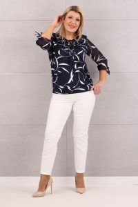 Bluzka damska z żabotem granatowo-biała