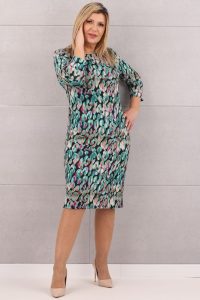 Sukienka elegancka do pracy turkusowa we wzory