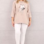 Bluzka z wiązanym dekoltem beżowa z printem