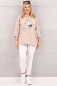 Bluzka z wiązanym dekoltem beżowa z printem