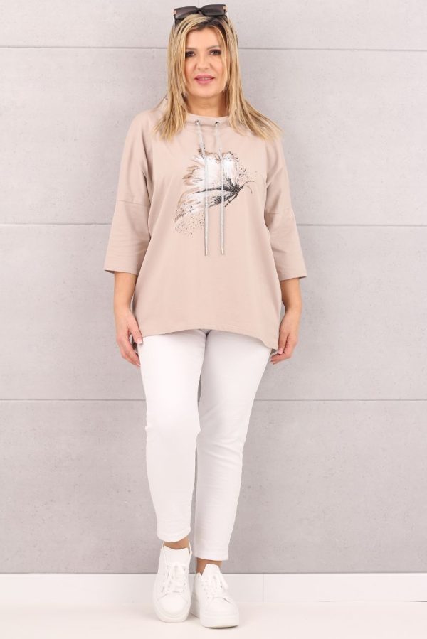 Bluzka z wiązanym dekoltem beżowa z printem