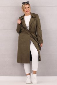 Lekki płaszcz damski z paskiem khaki