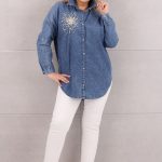 Koszula damska oversize ze zdobieniem ciemny jeans