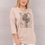 Bluzka z wiązanym dekoltem beżowa z nadrukiem