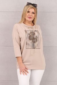 Bluzka z wiązanym dekoltem beżowa z nadrukiem
