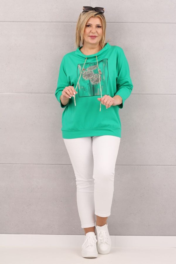 Bluzka z wiązanym dekoltem zielona z nadrukiem