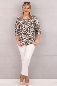 Bluzka z marszczeniami we wzory brązowe