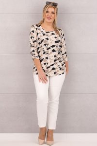 Bluzka z marszczeniami we wzory beżowe