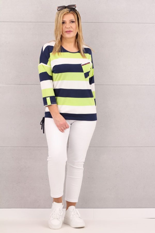 Bluzka w paski z wiązaniem na dole limonkowo-granatowa