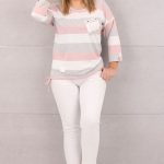 Bluzka w paski z wiązaniem na dole różowo-szara