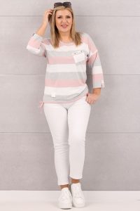 Bluzka w paski z wiązaniem na dole różowo-szara