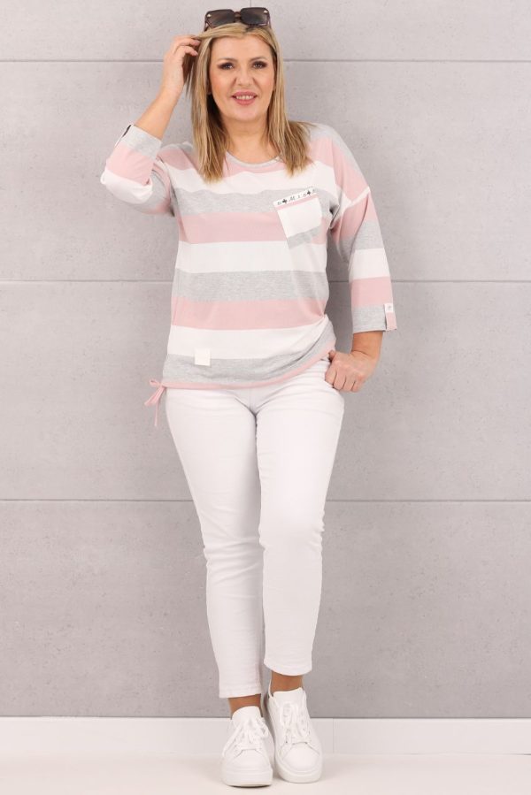 Bluzka w paski z wiązaniem na dole różowo-szara