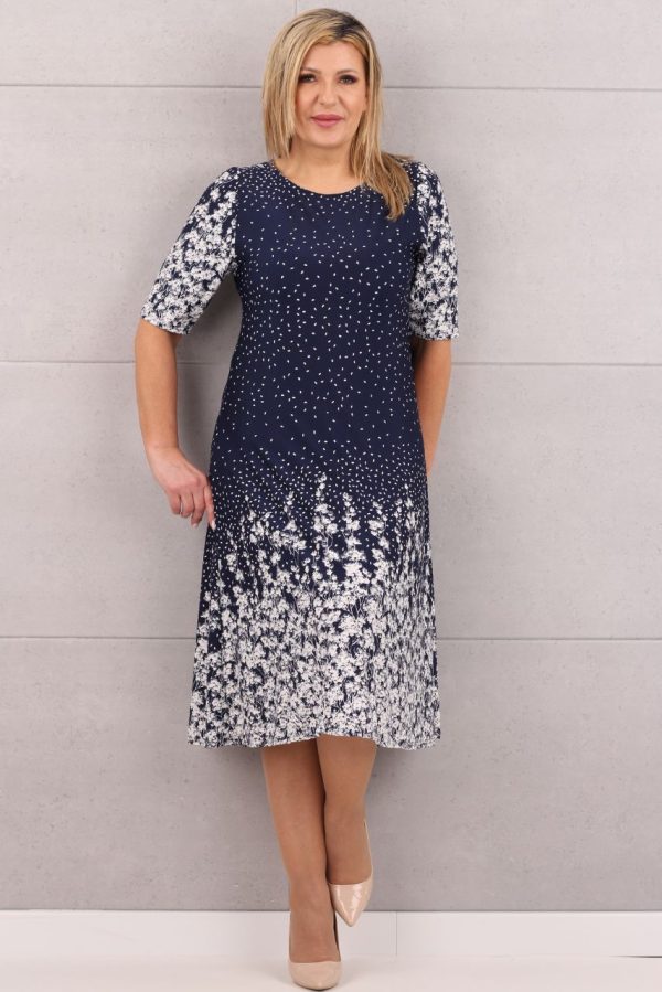 Wzorzysta rozkloszowana sukienka midi granatowa border
