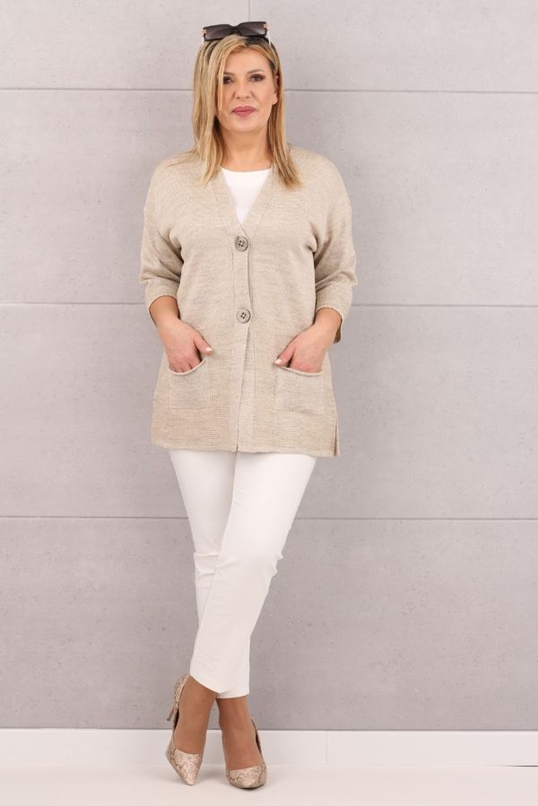 Beżowy kardigan lniany zapinany na guziki