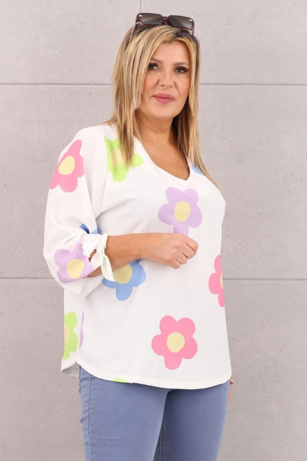 Bluzka z wiązaniem na rękawach biała w kwiaty
