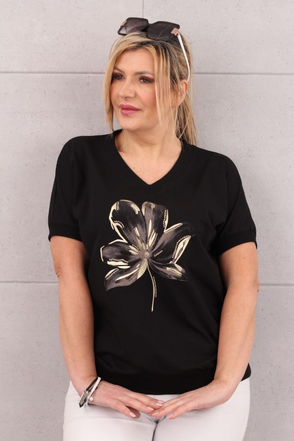 Bluzka damska plus size z kwiatem czarna