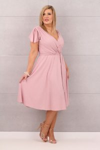 Brokatowa rozkloszowana sukienka pudrowy róż