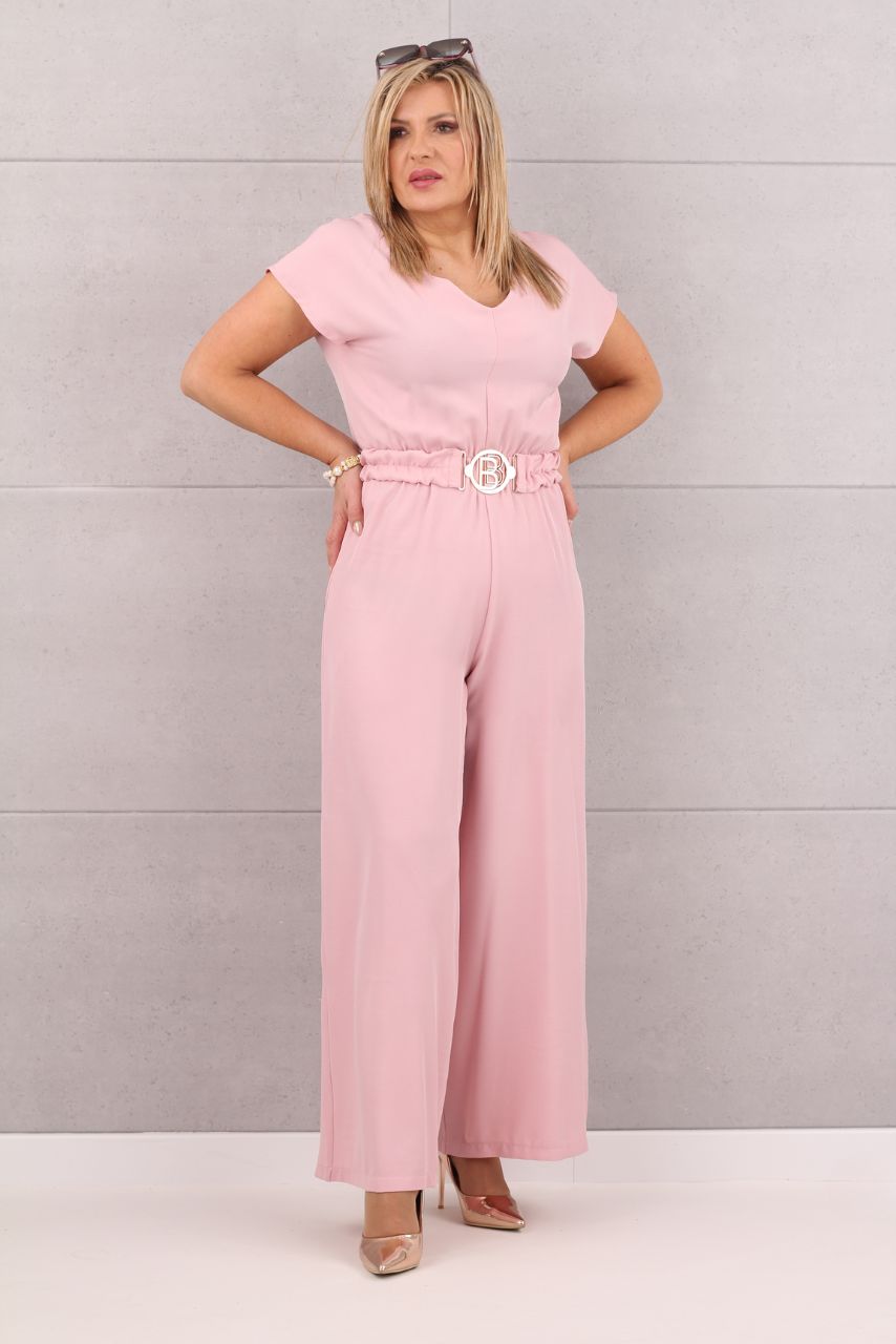 Elegancki kombinezon z szerokimi nogawkami pudrowy róż