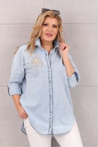 Koszula damska oversize ze zdobieniem jasny jeans