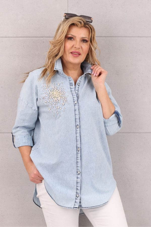 Koszula damska oversize ze zdobieniem jasny jeans
