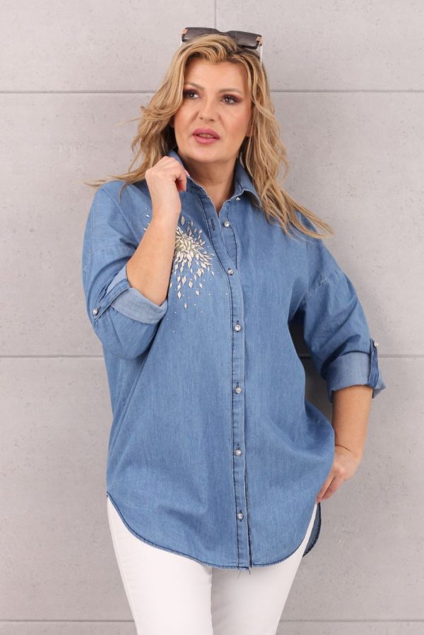 Koszula damska oversize ze zdobieniem jeans