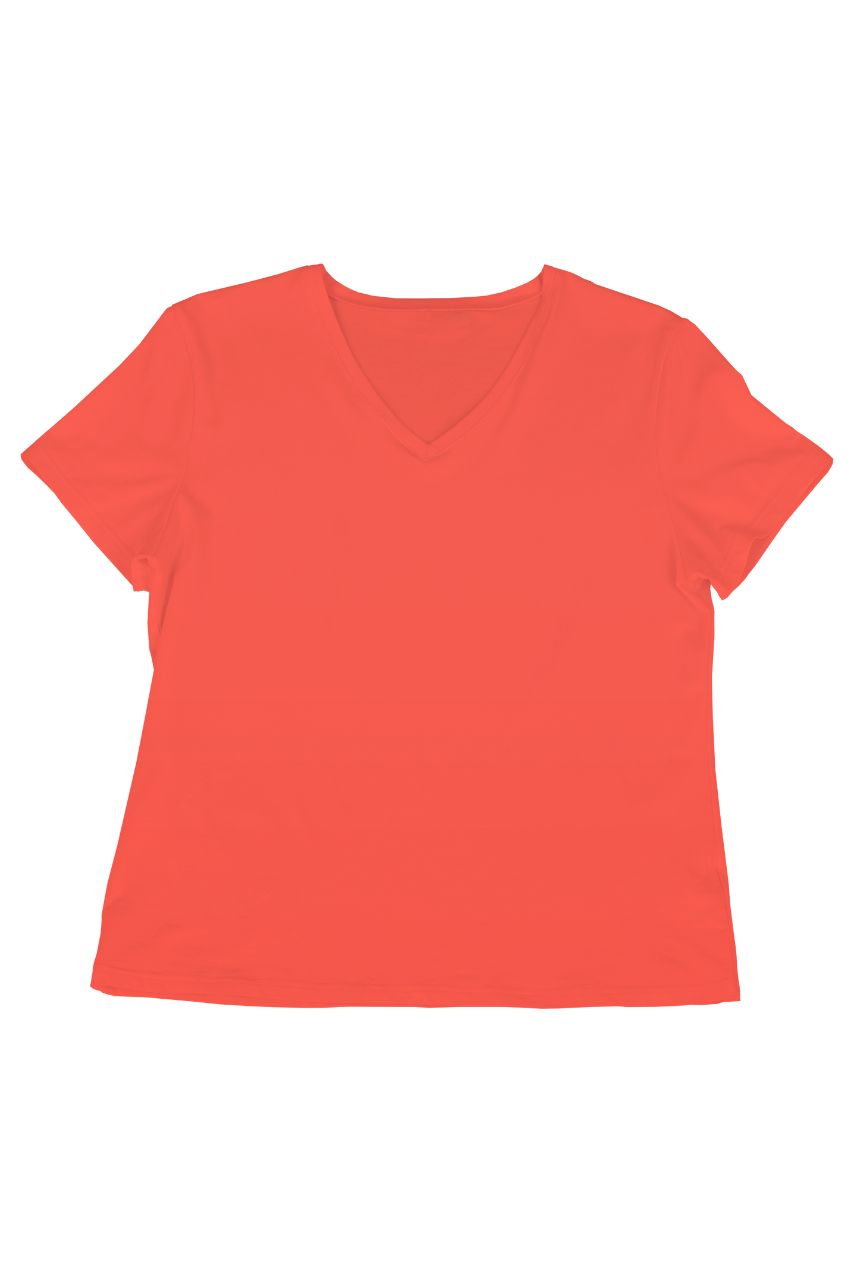 Pomarańczowy t-shirt damski z dekoltem V