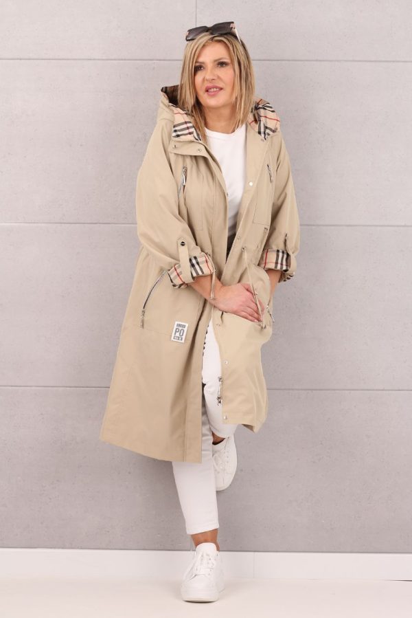 Długa kurtka parka z kapturem beżowa