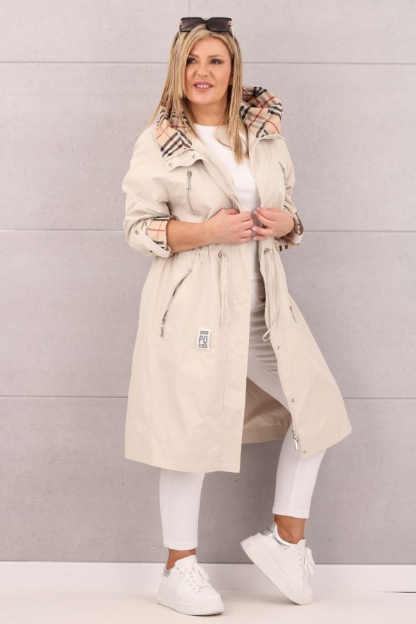 Długa kurtka parka z kapturem kremowa