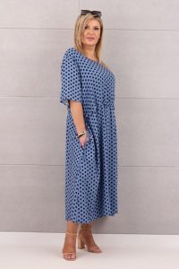 Sukienka ściągana w pasie niebieska w groszki