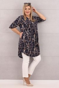 Tunika damska z kieszeniami granatowa w beżowe wzory