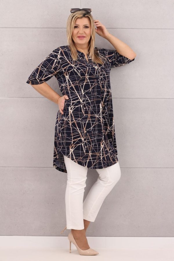 Tunika damska z kieszeniami granatowa w beżowe wzory