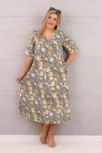 Zwiewna sukienka oversize w panterkę szaro-żółta