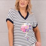 Biała bluzka w paski krótki rękaw z kwiatem