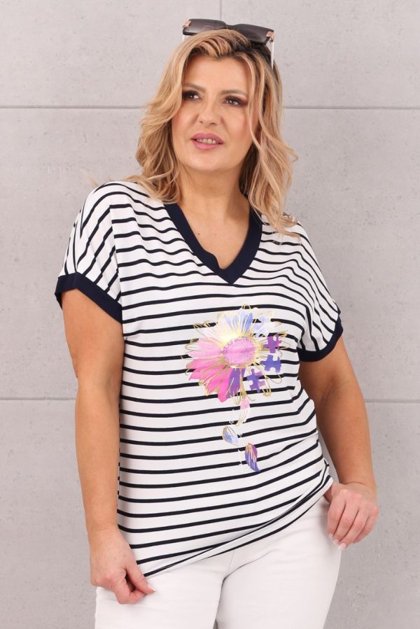 Biała bluzka w paski krótki rękaw z kwiatem