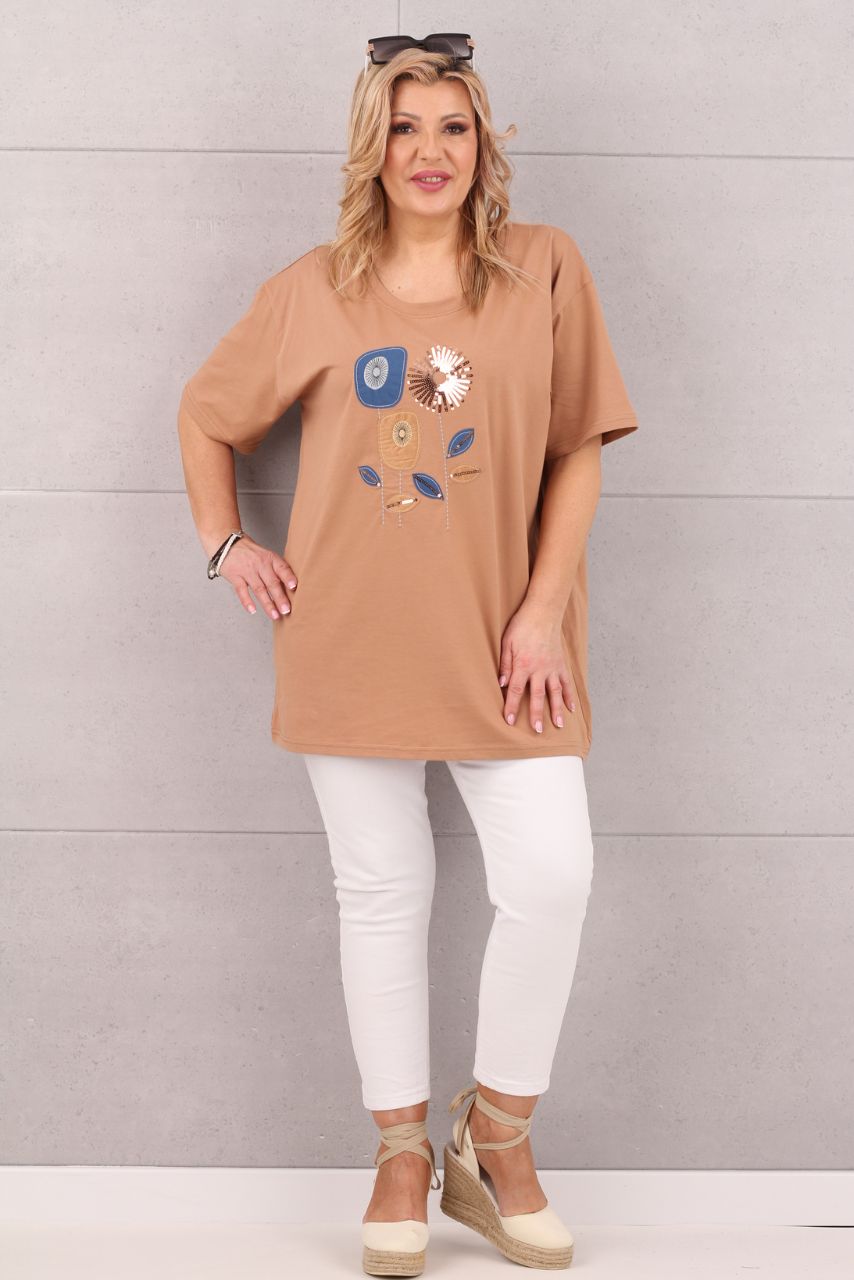 Beżowa tunika z krótkim rękawem oversize w kwiaty