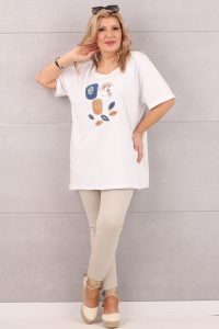 Biała tunika z krótkim rękawem oversize w kwiaty