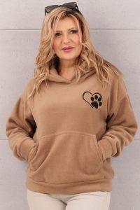 Bluza damska z kapturem wzór serce łapka brązowa