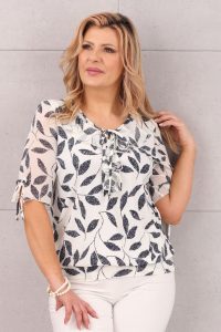 Bluzka damska z żabotem biała w liście