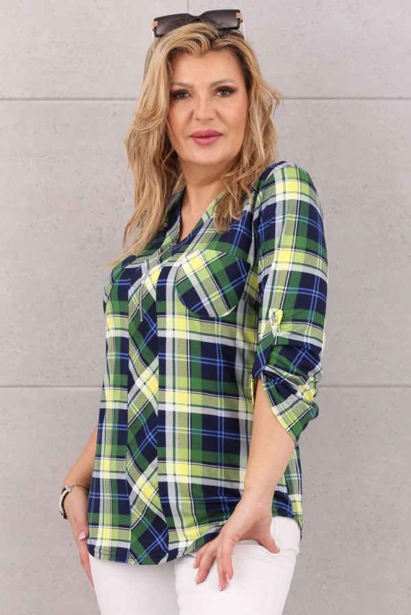 Bluzka z kieszeniami zielono-granatowa w kratkę