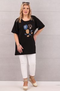 Czarna tunika z krótkim rękawem oversize w kwiaty